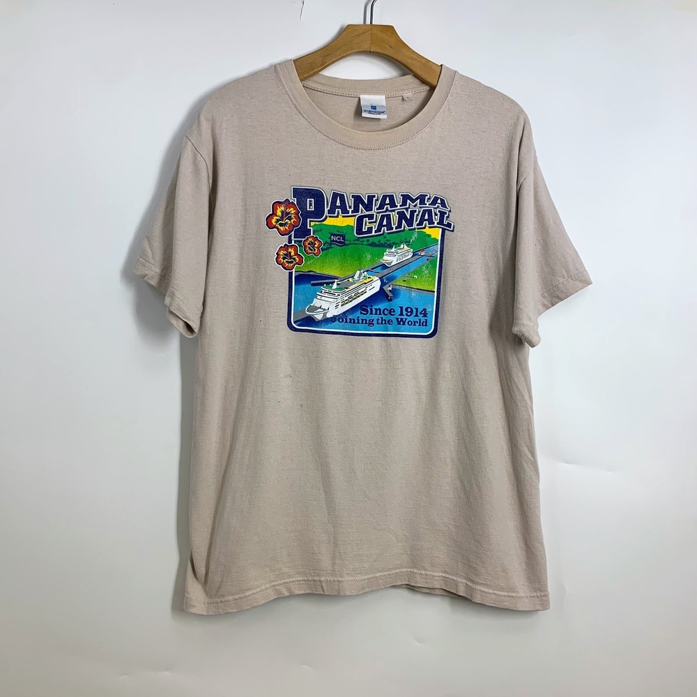 Norwegian Cruise Line NCL Panama Canal Souvenir Graphic T-Shirt Tan Mens L‎